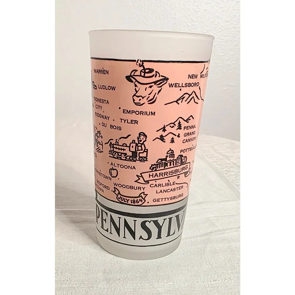 Vintage Souvenir Pennsylvania Frosted Glass 8 oz. Tumbler Pink White 5